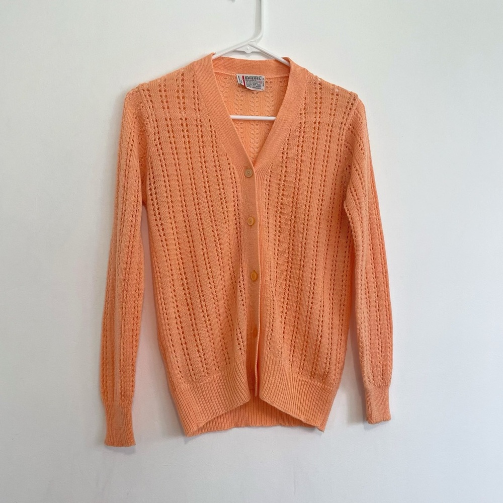 VINTAGE VTG SPIEGEL Solid Peach Orange Open Knit Button Down Cardigan Sweater M